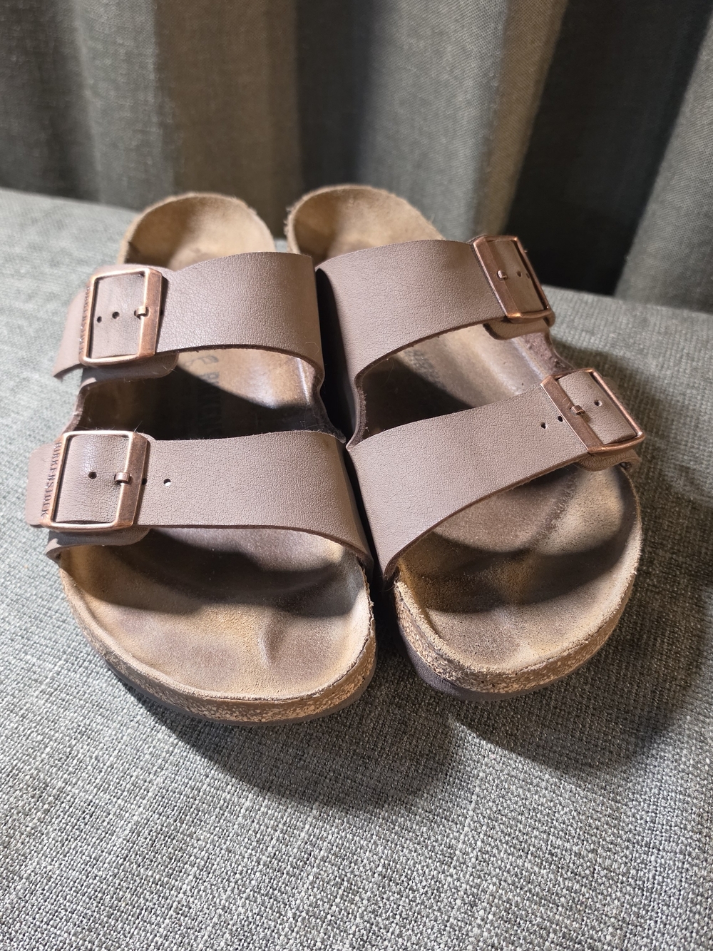 Birkenstock Two-Band Slide Sandals in Brown with Rose Gold Buckles